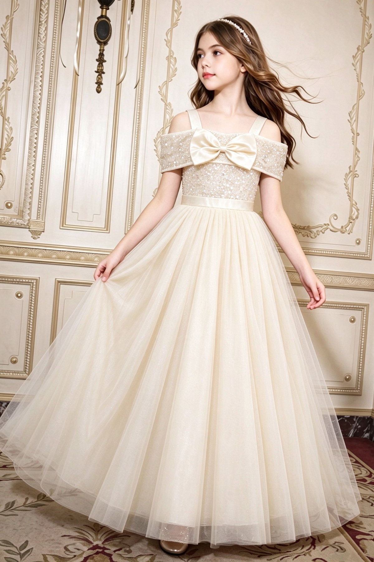 Burgundy Sequin Tulle Girls Formal Big Bow A-Line Dress
