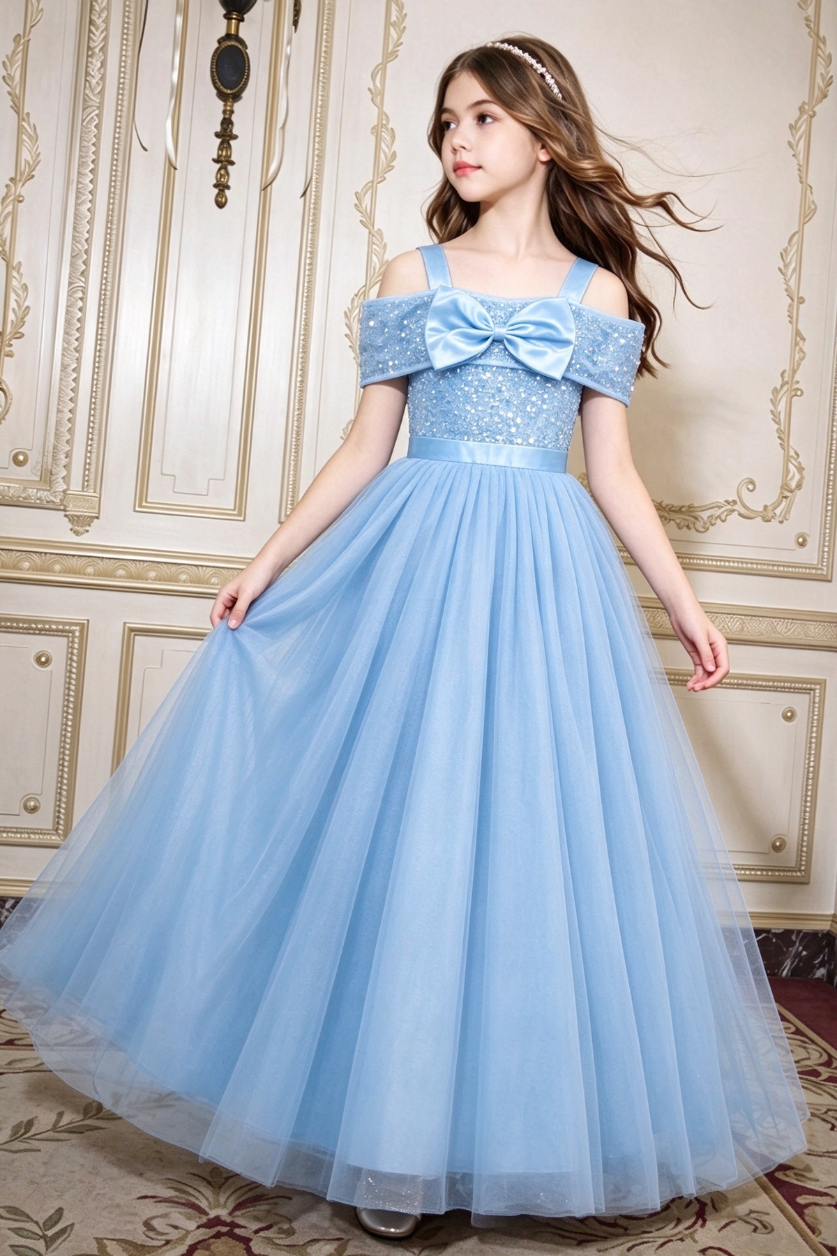 Burgundy Sequin Tulle Girls Formal Big Bow A-Line Dress