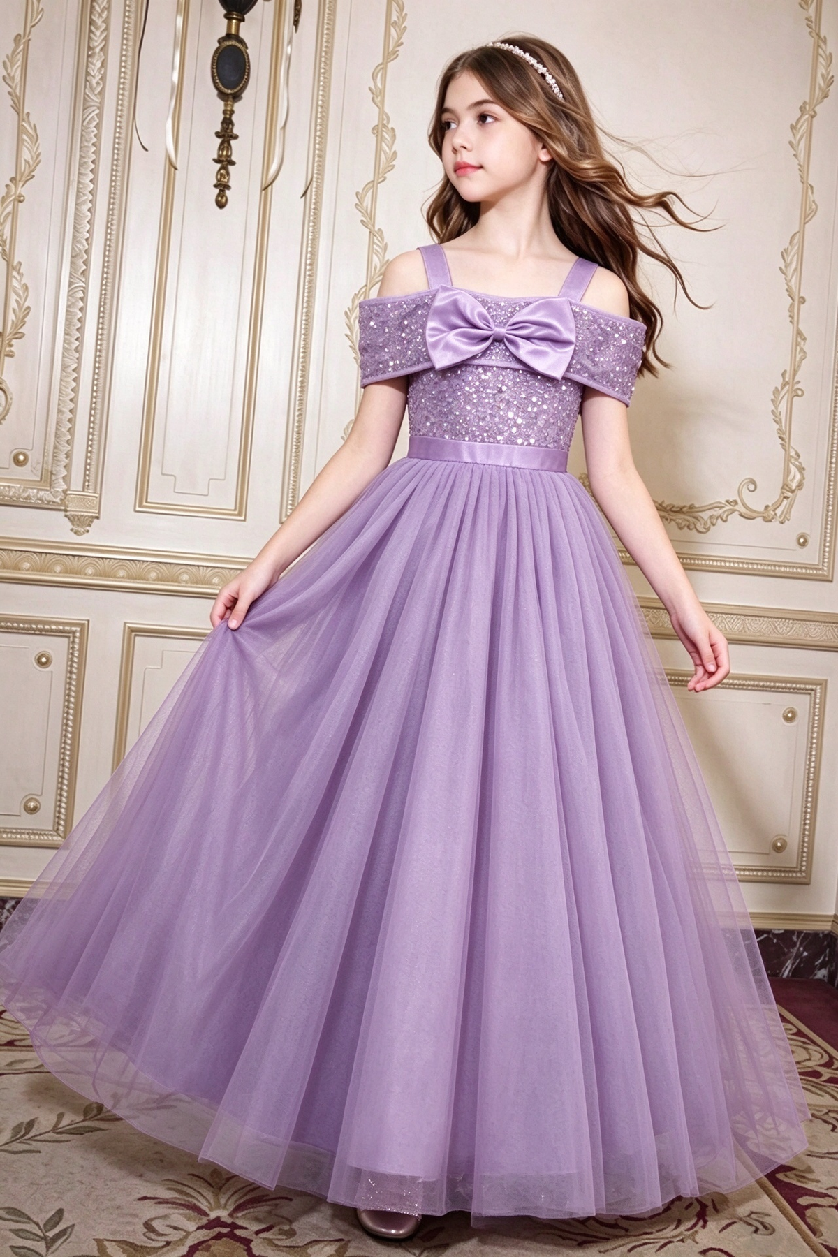 Burgundy Sequin Tulle Girls Formal Big Bow A-Line Dress