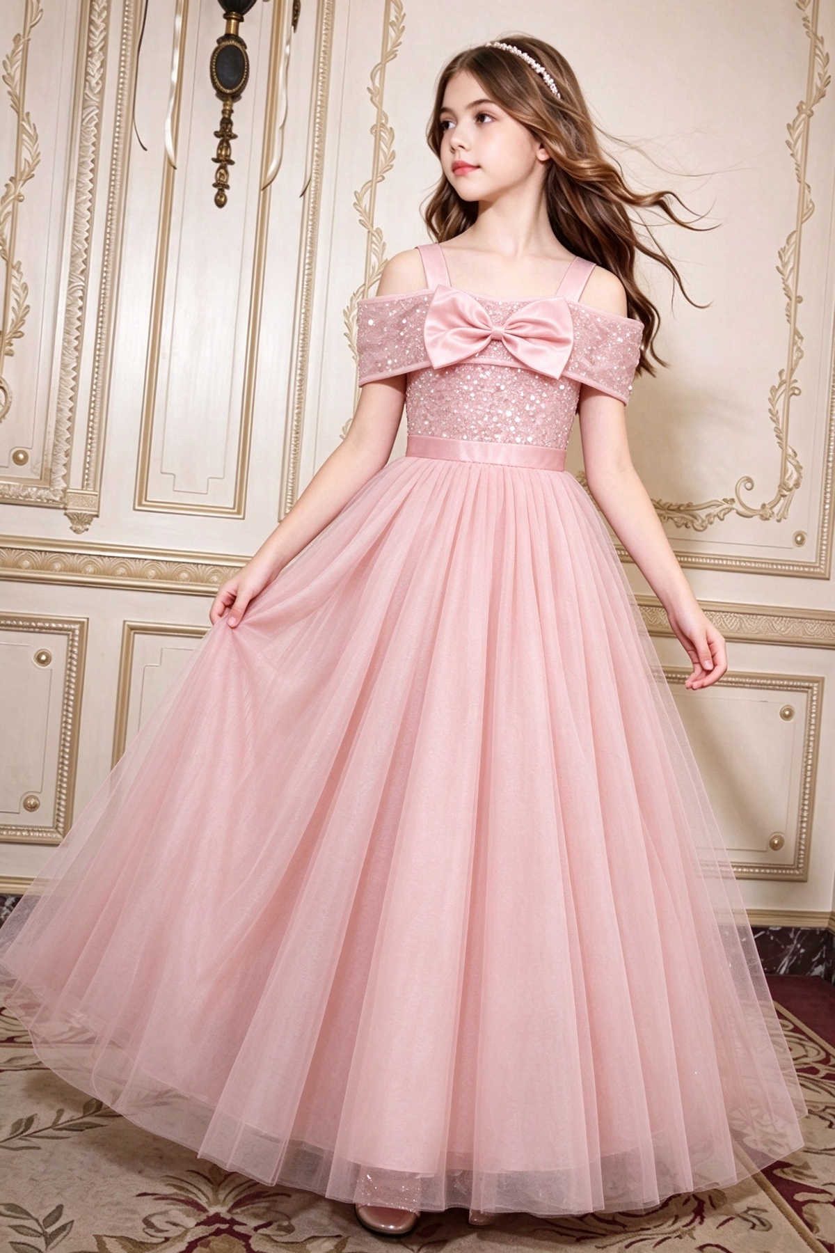 Burgundy Sequin Tulle Girls Formal Big Bow A-Line Dress