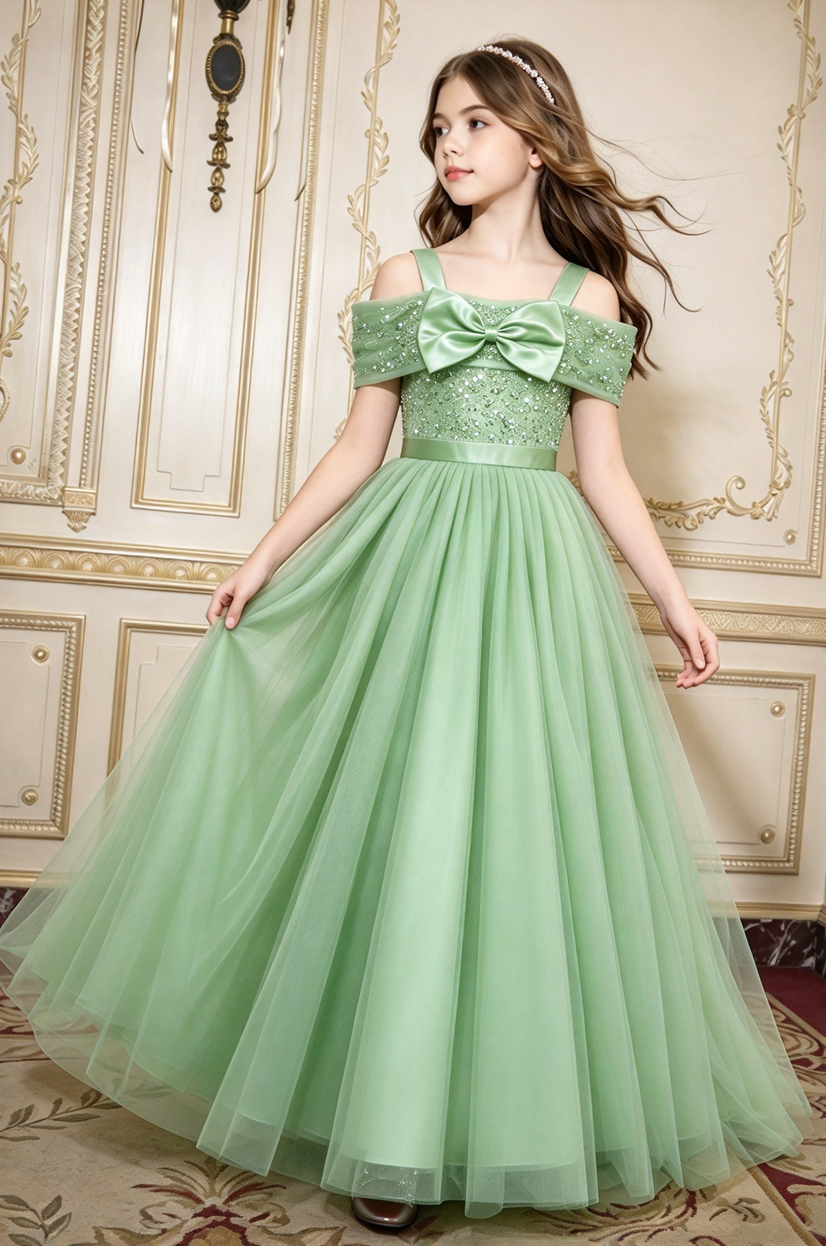 Burgundy Sequin Tulle Girls Formal Big Bow A-Line Dress