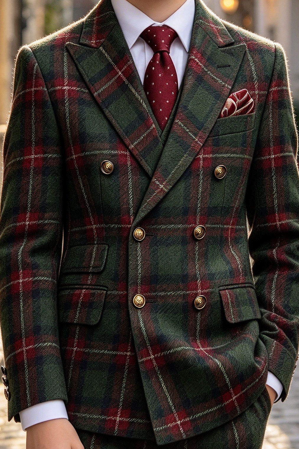 Dark Green & Red Plaid Double Breasted 2 Piece Formal Suit Set