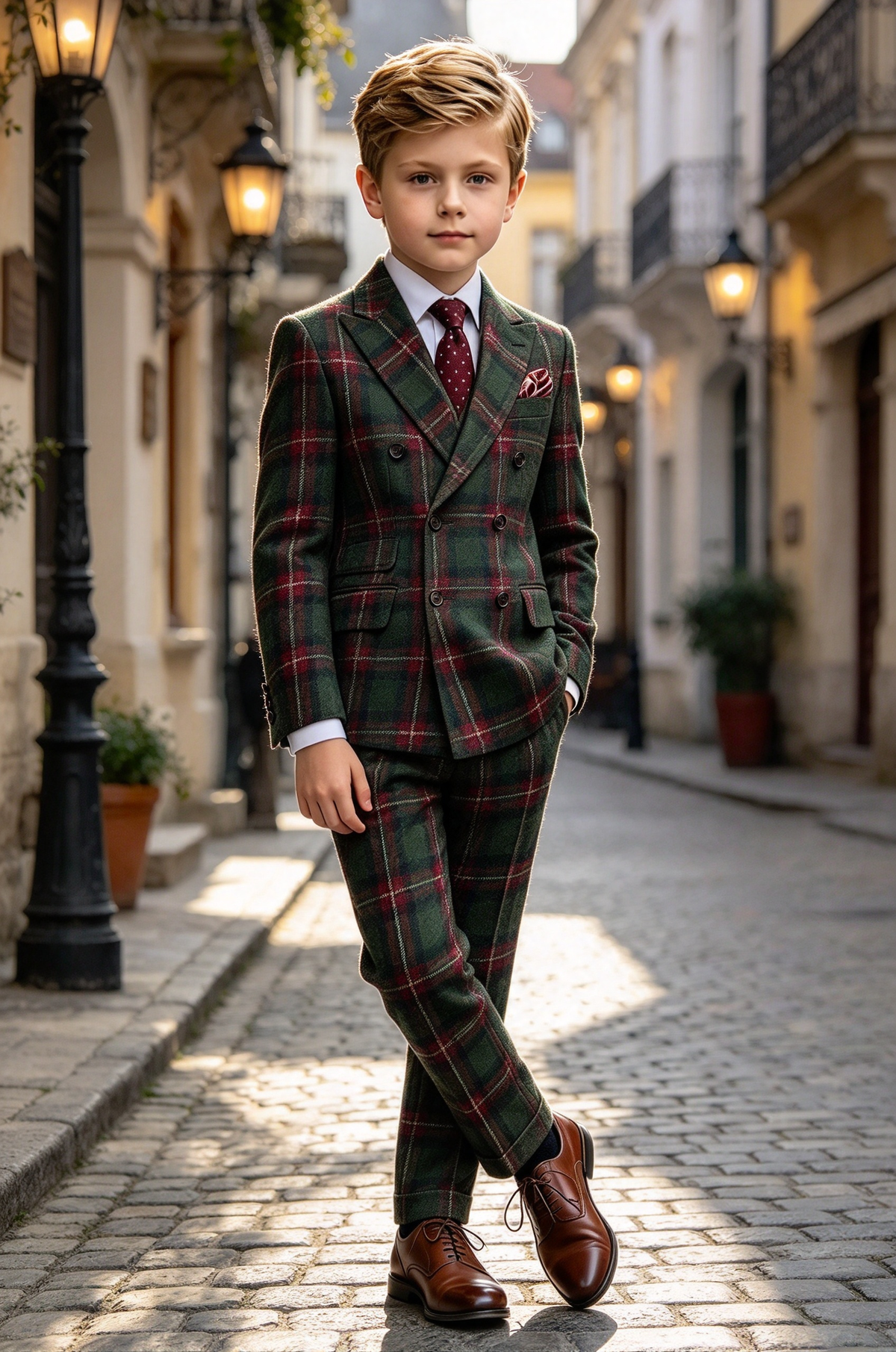 Dark Green & Red Plaid Double Breasted 2 Piece Formal Suit Set