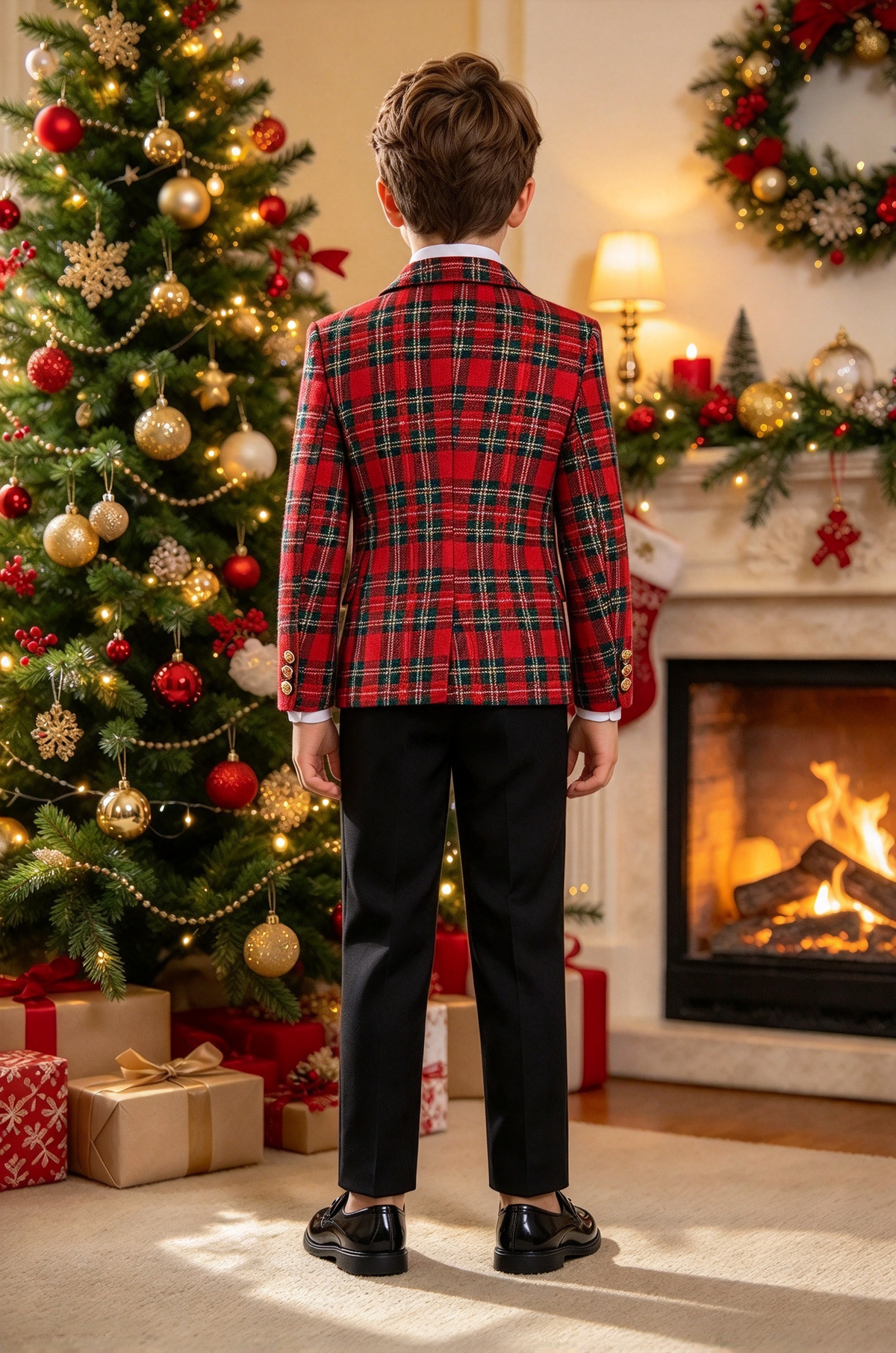 Red & Green Tartan Plaid Single Breasted 2-Pices Suit Set