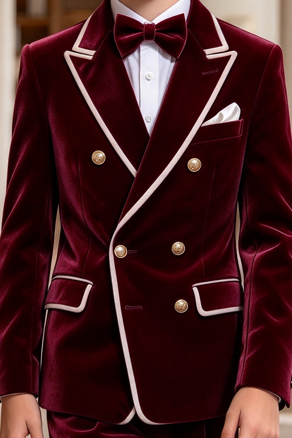 Burgundy & White Piping Velvet Double Breasted Tuxedo 2 Piece Suit Set