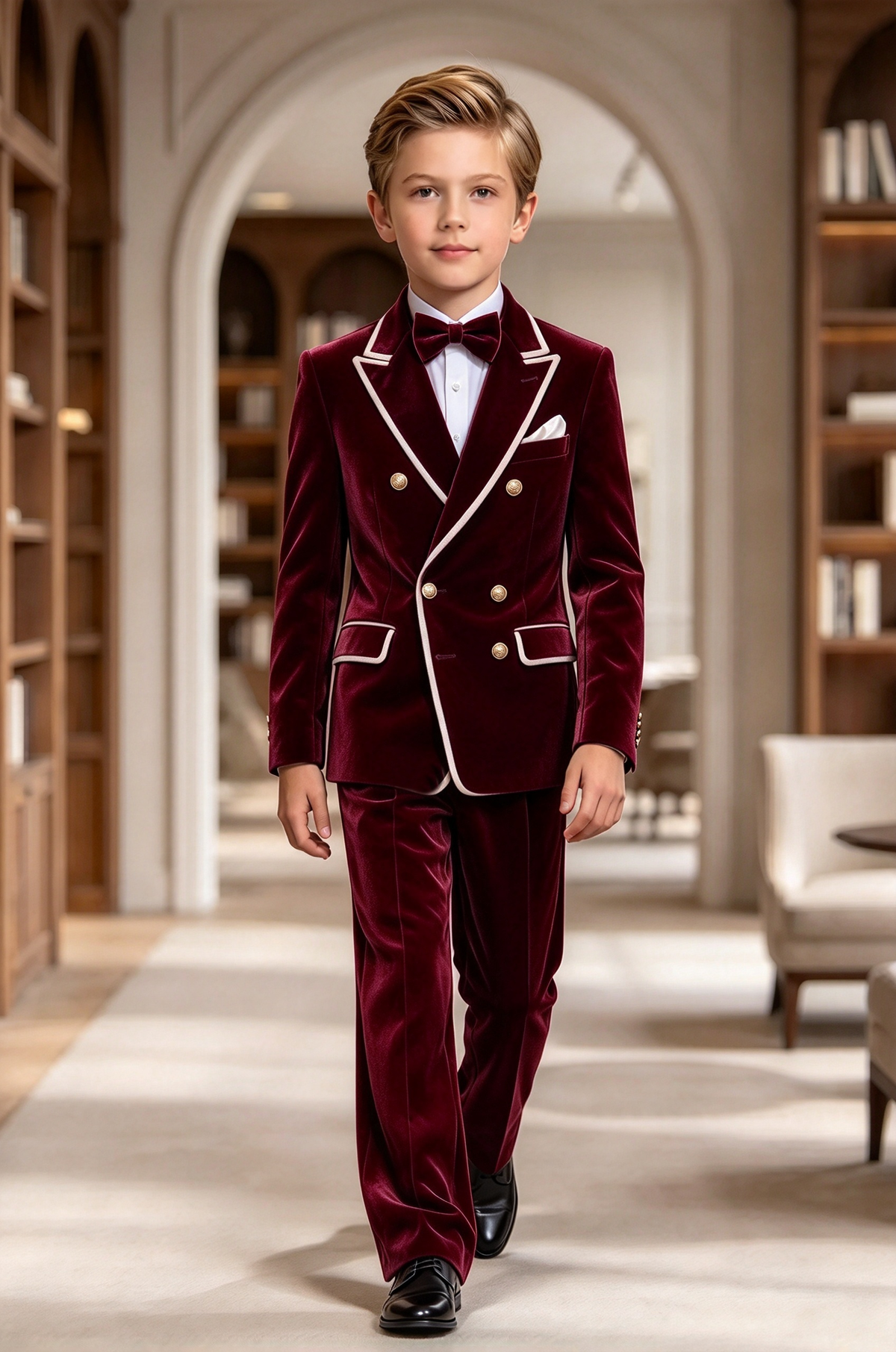 Burgundy & White Piping Velvet Double Breasted Tuxedo 2 Piece Suit Set