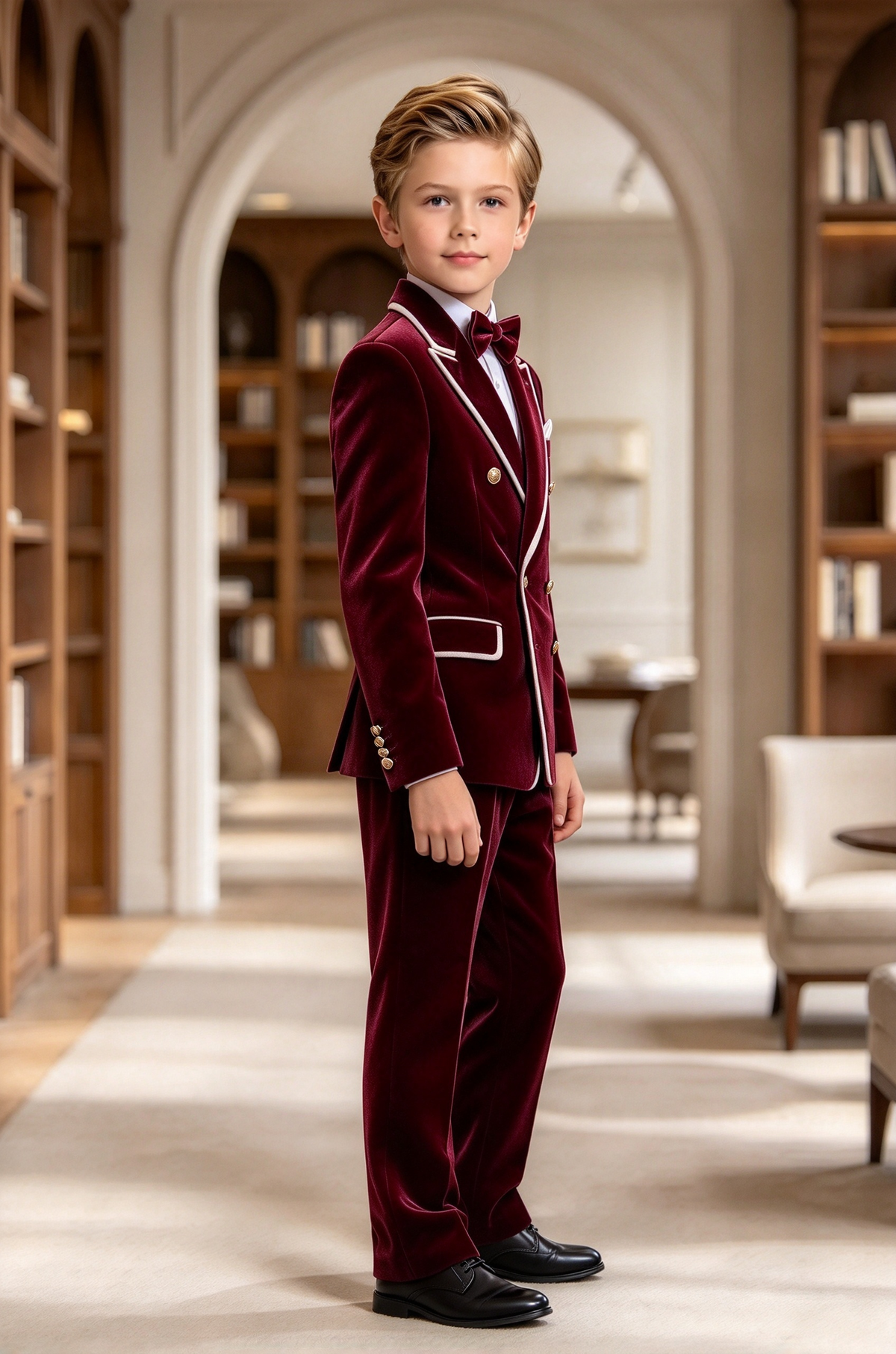 Burgundy & White Piping Velvet Double Breasted Tuxedo 2 Piece Suit Set