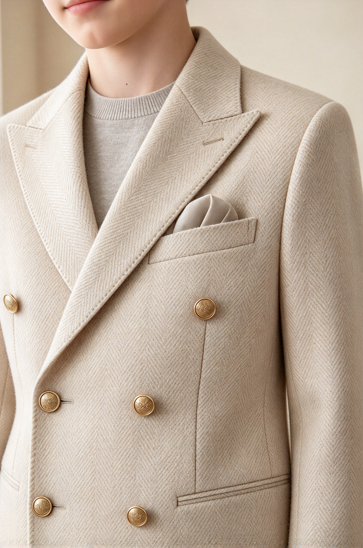 Beige & Brown Herringbone Double Breasted Formal 2 Piece Suit