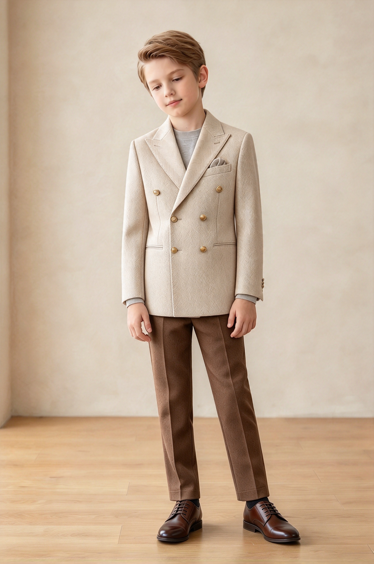 Beige & Brown Herringbone Double Breasted Formal 2 Piece Suit
