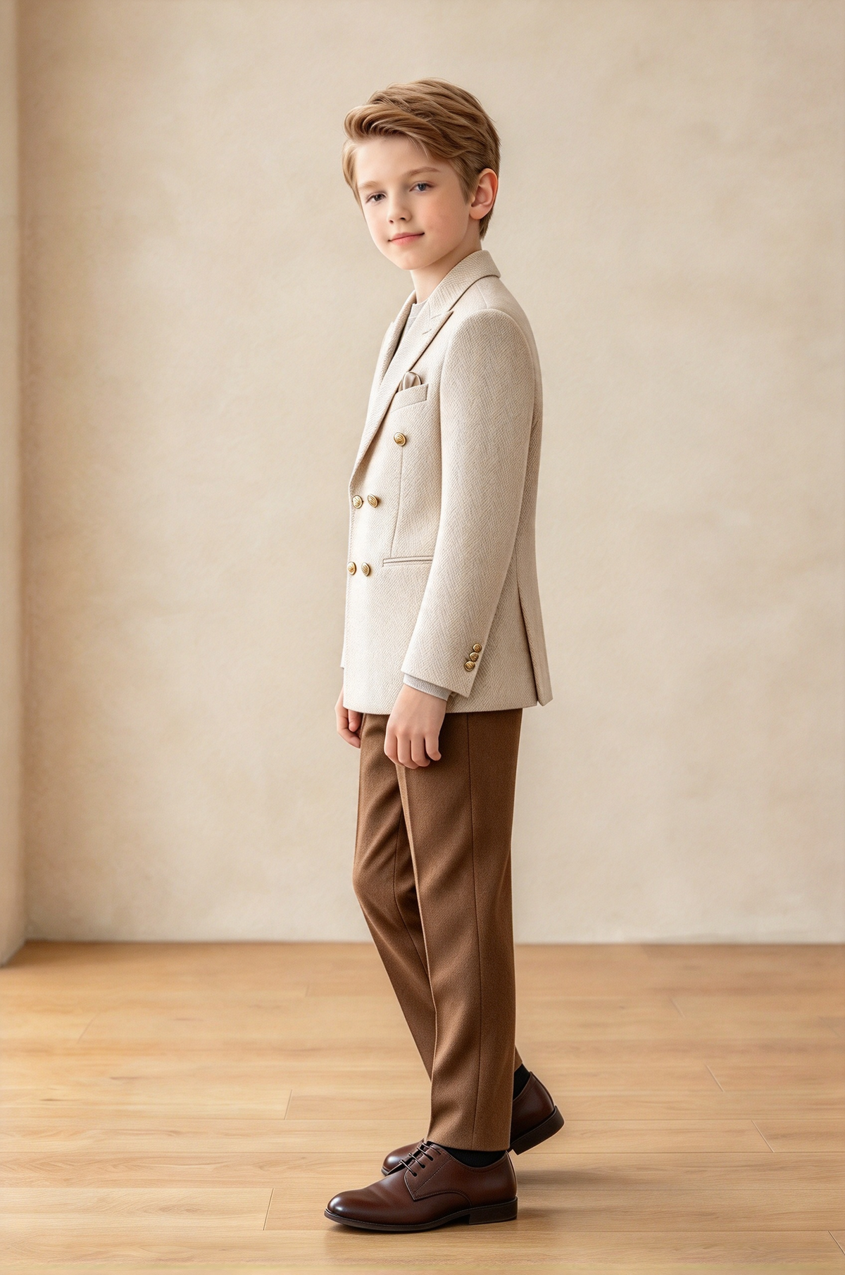 Beige & Brown Herringbone Double Breasted Formal 2 Piece Suit