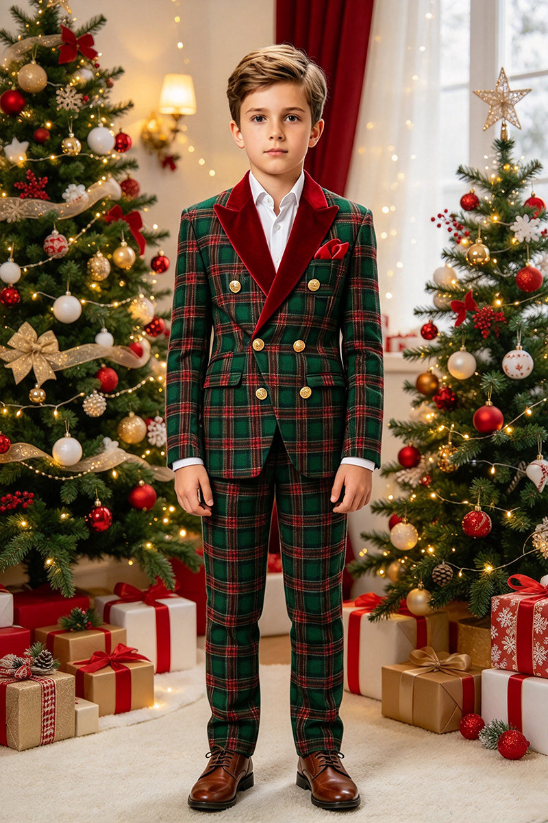 Boys Green Tartan with Velvet Lapel 2-Piece Suit