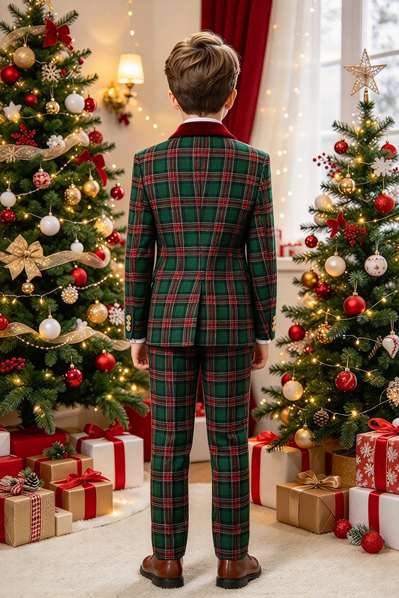 Boys Green Tartan with Velvet Lapel 2-Piece Suit