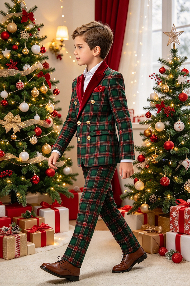 Boys Green Tartan with Velvet Lapel 2-Piece Suit