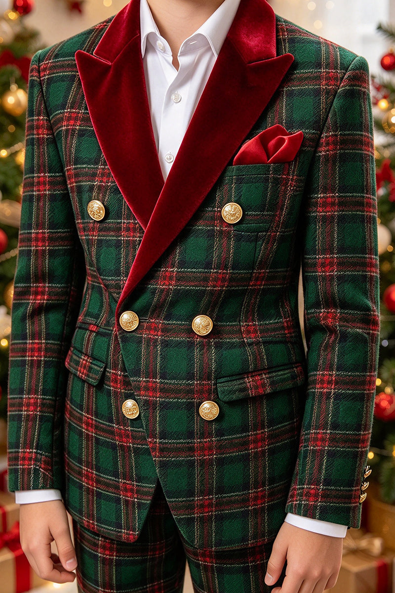 Boys Green Tartan with Velvet Lapel 2-Piece Suit