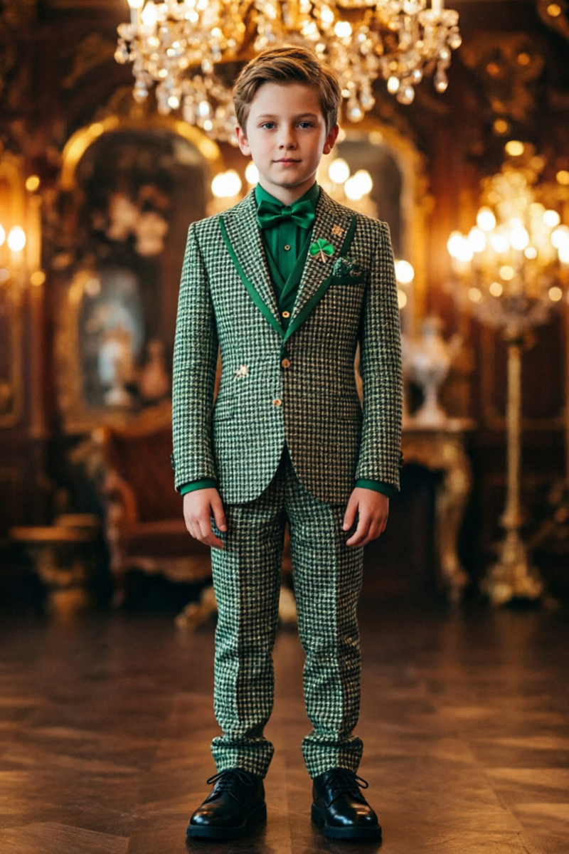 Boys Green Houndstoo with Contrast Lapel 2-Piece Suit