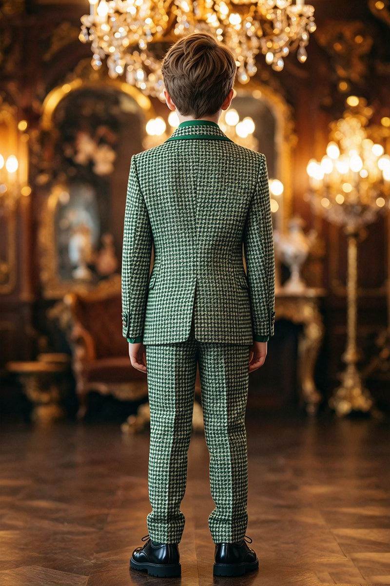 Boys Green Houndstoo with Contrast Lapel 2-Piece Suit