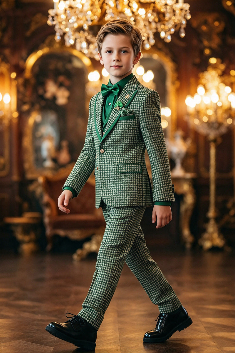 Boys Green Houndstoo with Contrast Lapel 2-Piece Suit