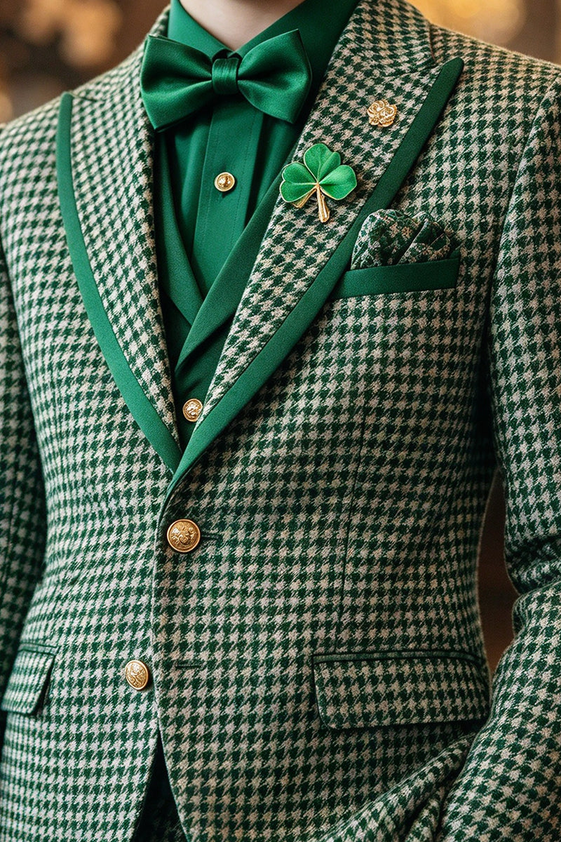 Boys Green Houndstoo with Contrast Lapel 2-Piece Suit