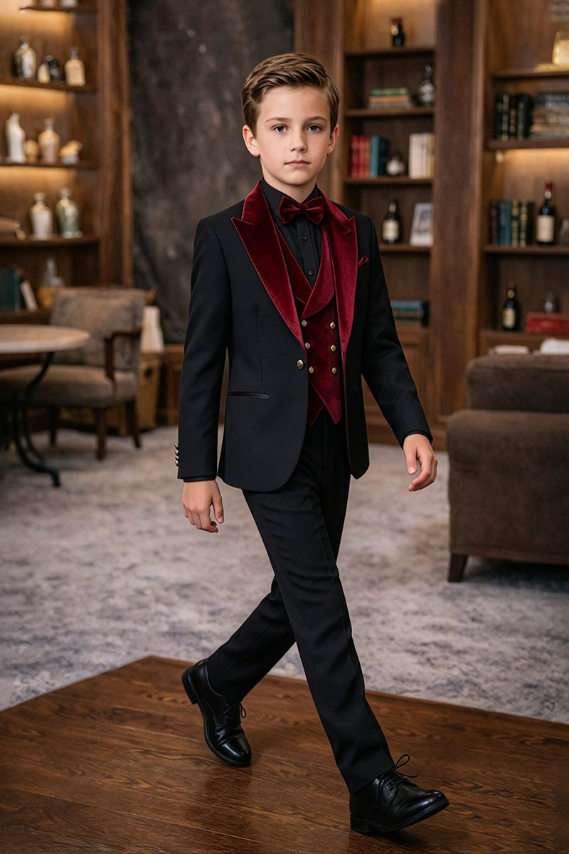 Boys Black Tuxedo with Burgundy Velvet Lapel 3-Piece Suit