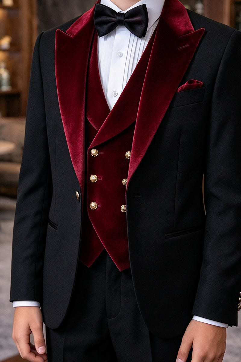 Boys Black Tuxedo with Burgundy Velvet Lapel 3-Piece Suit