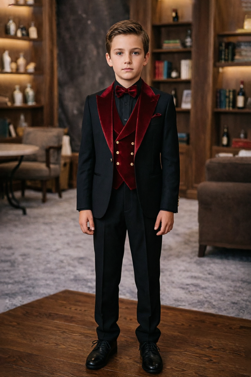 Boys Black Tuxedo with Burgundy Velvet Lapel 3-Piece Suit