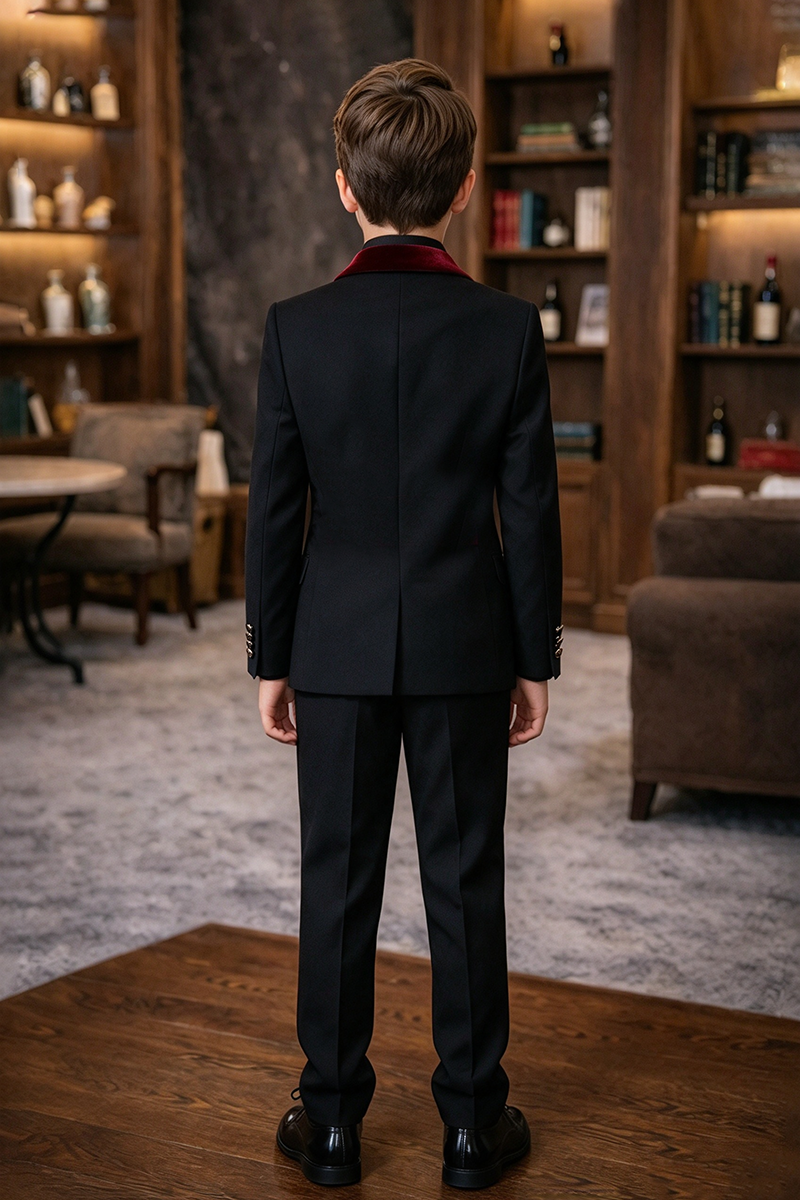 Boys Black Tuxedo with Burgundy Velvet Lapel 3-Piece Suit