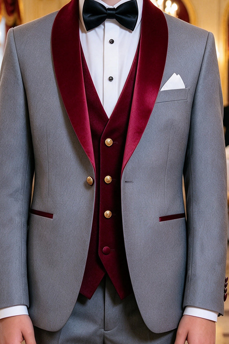 Boys Grey Tuxedo with Burgundy Satin Lapel 3-Piece Suit