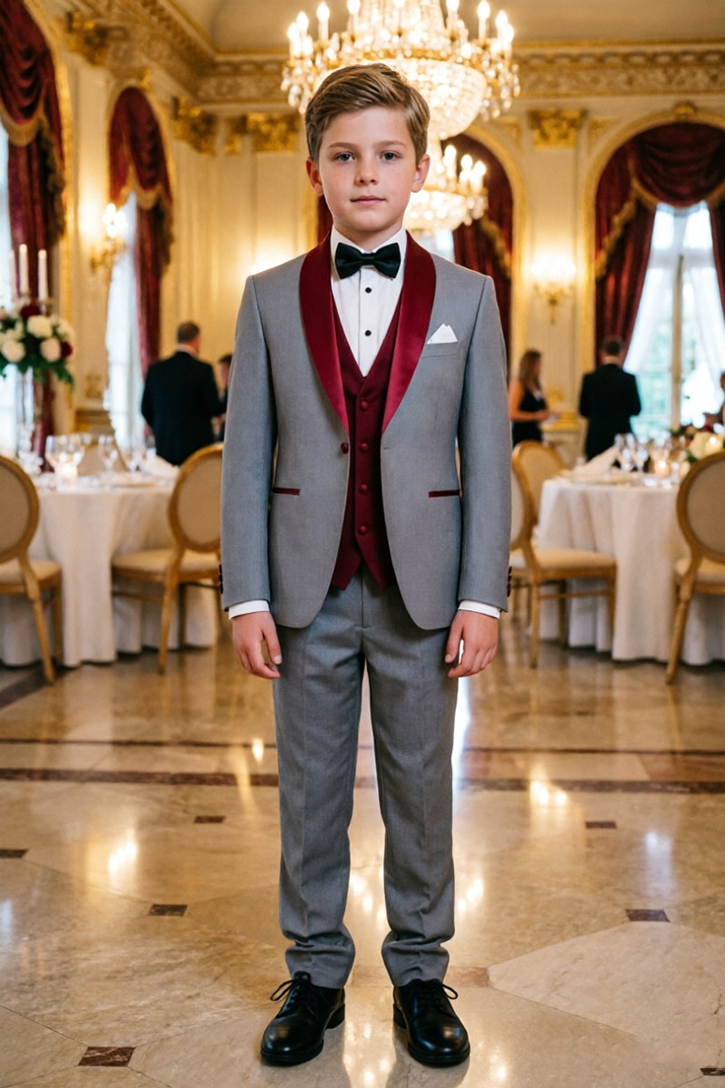 Boys Grey Tuxedo with Burgundy Satin Lapel 3-Piece Suit