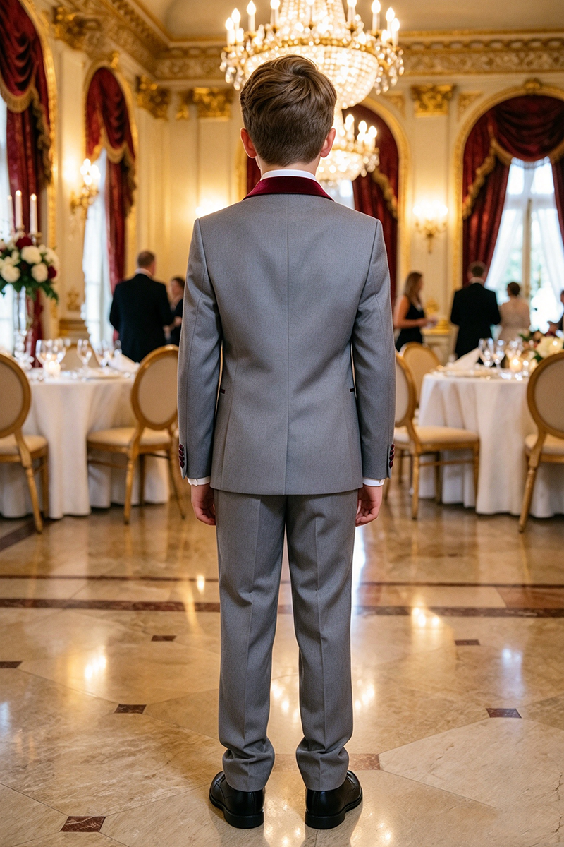 Boys Grey Tuxedo with Burgundy Satin Lapel 3-Piece Suit