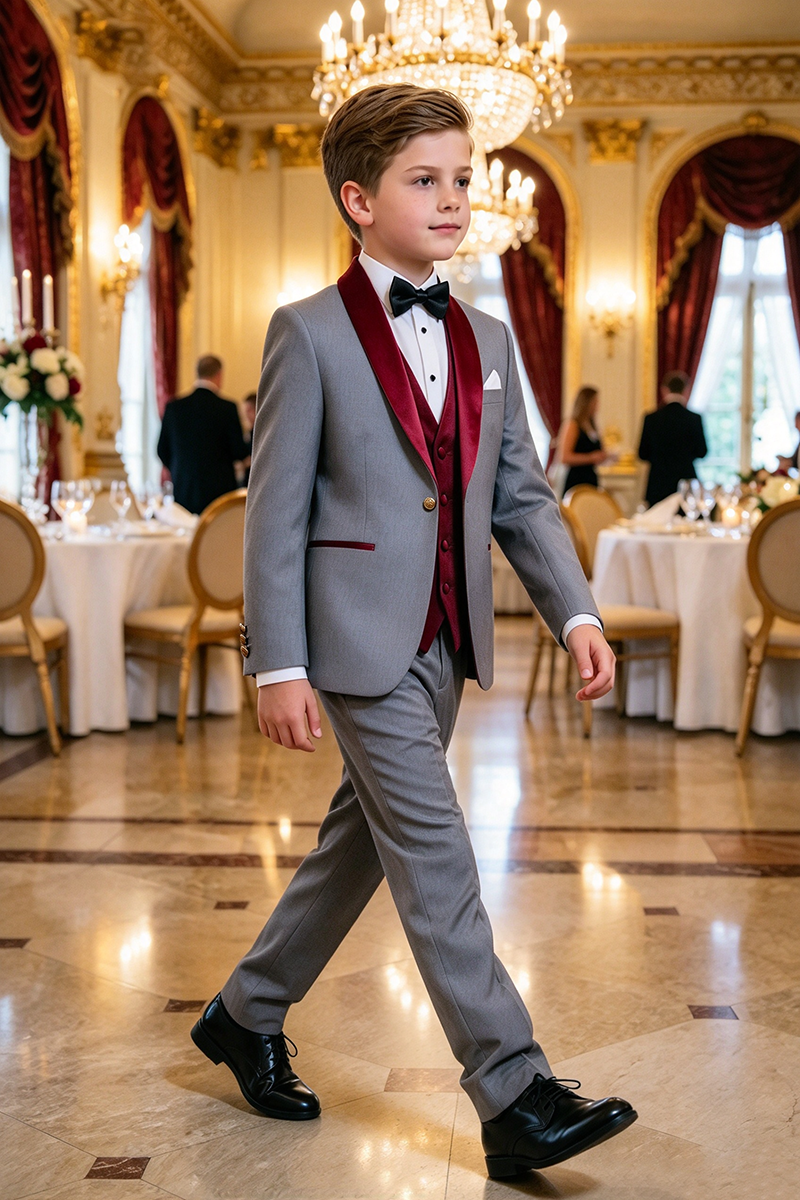 Boys Grey Tuxedo with Burgundy Satin Lapel 3-Piece Suit