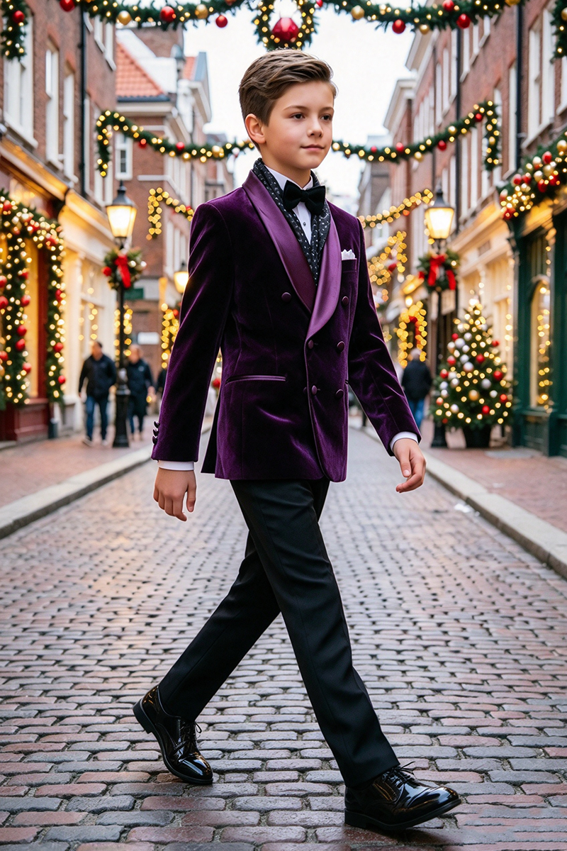 Boys Purple Velvet Tuxedo with Satin Lapel 2-Piece Suit