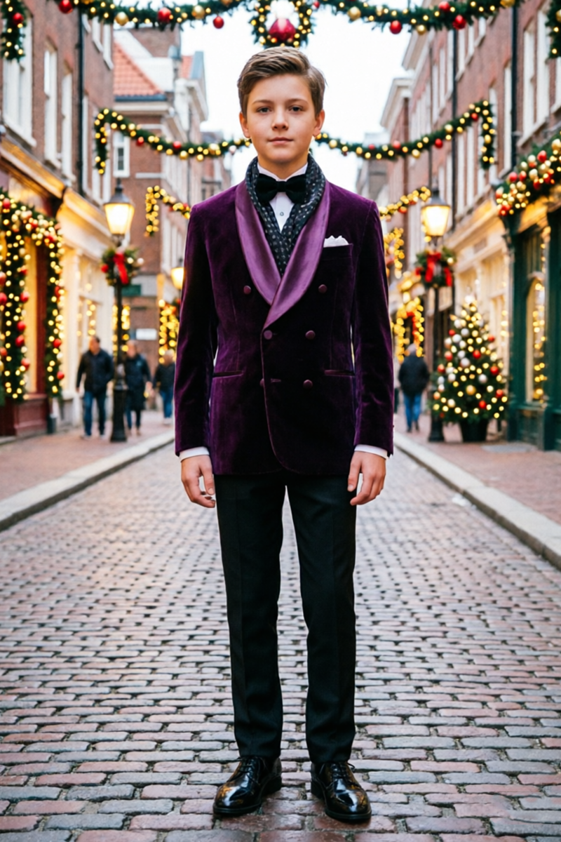 Boys Purple Velvet Tuxedo with Satin Lapel 2-Piece Suit
