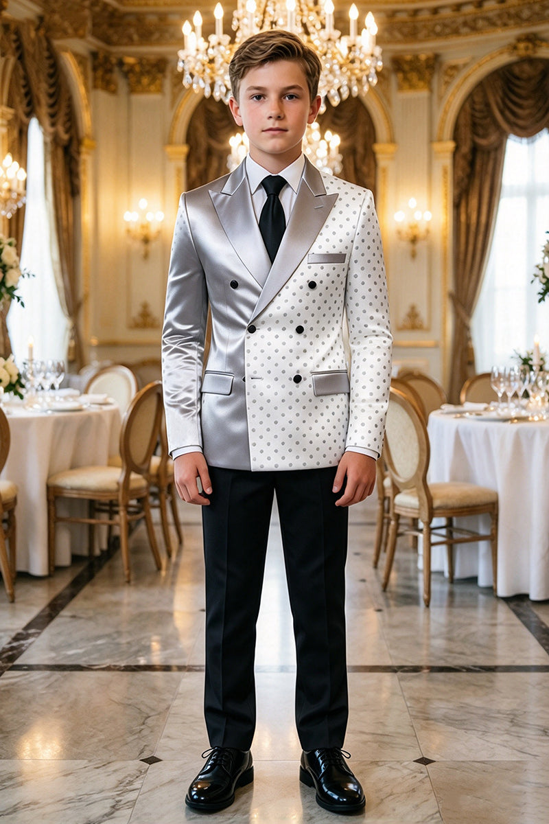 Boys White Polka Dot with Silver Satin Lapel 2-Piece Suit