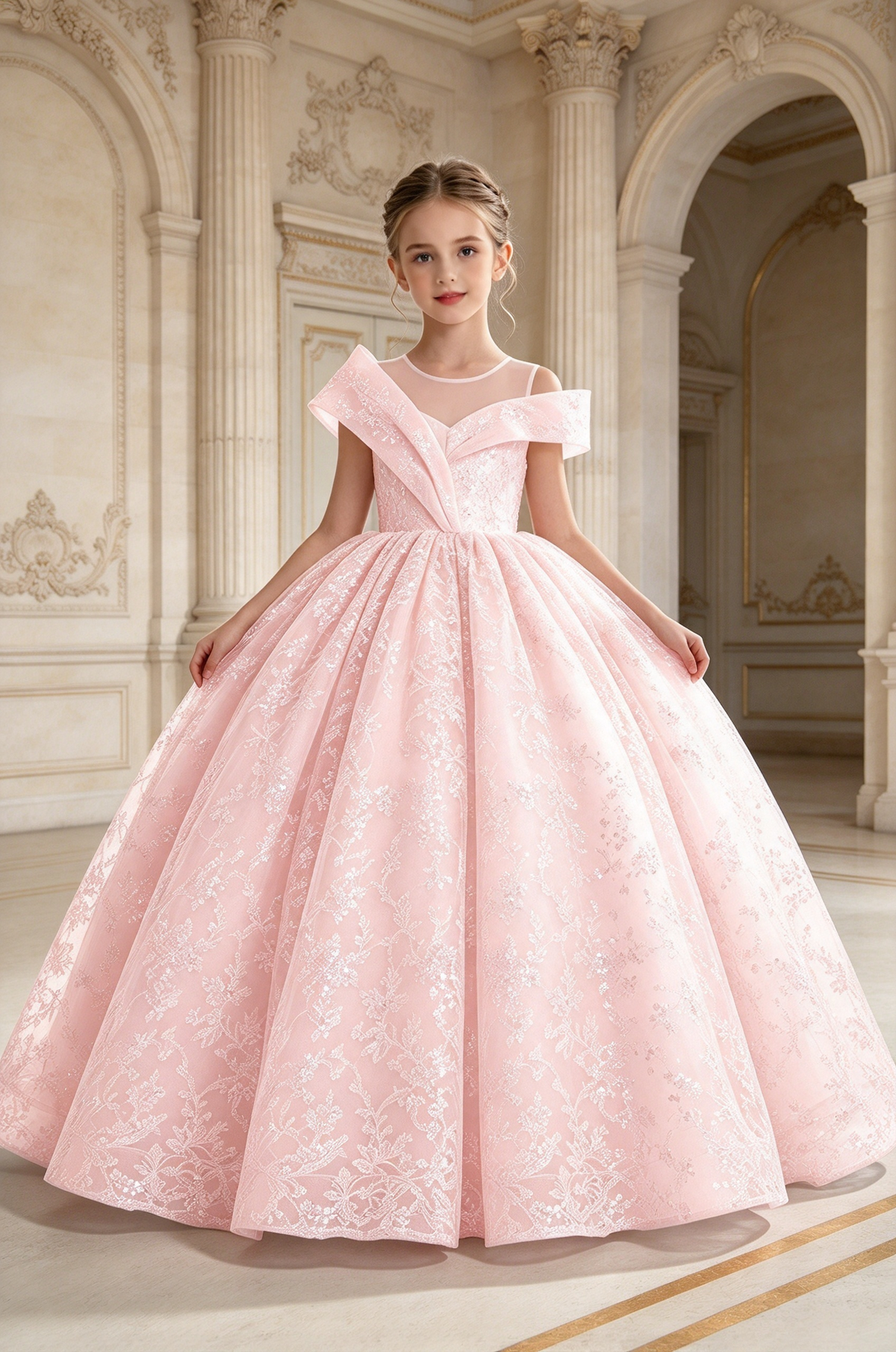 Champagne Off Shoulder Sequin Lace Tulle A-Line Maxi Dress