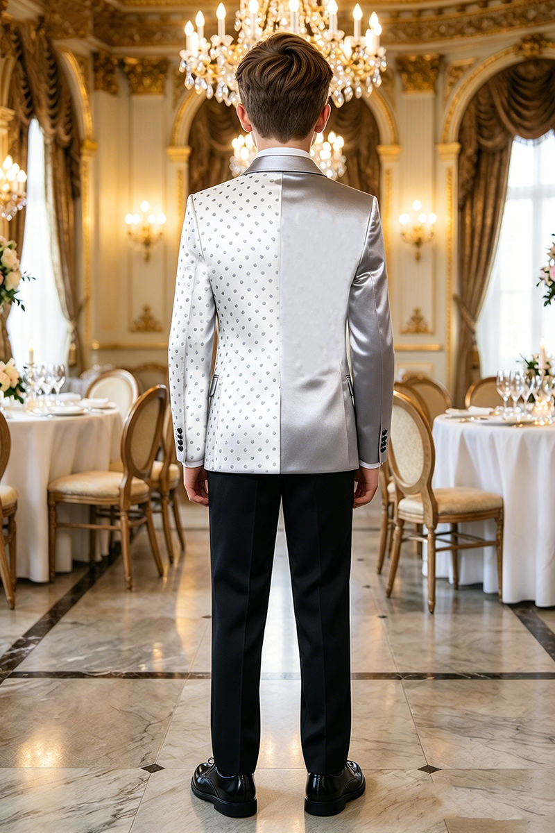Boys White Polka Dot with Silver Satin Lapel 2-Piece Suit
