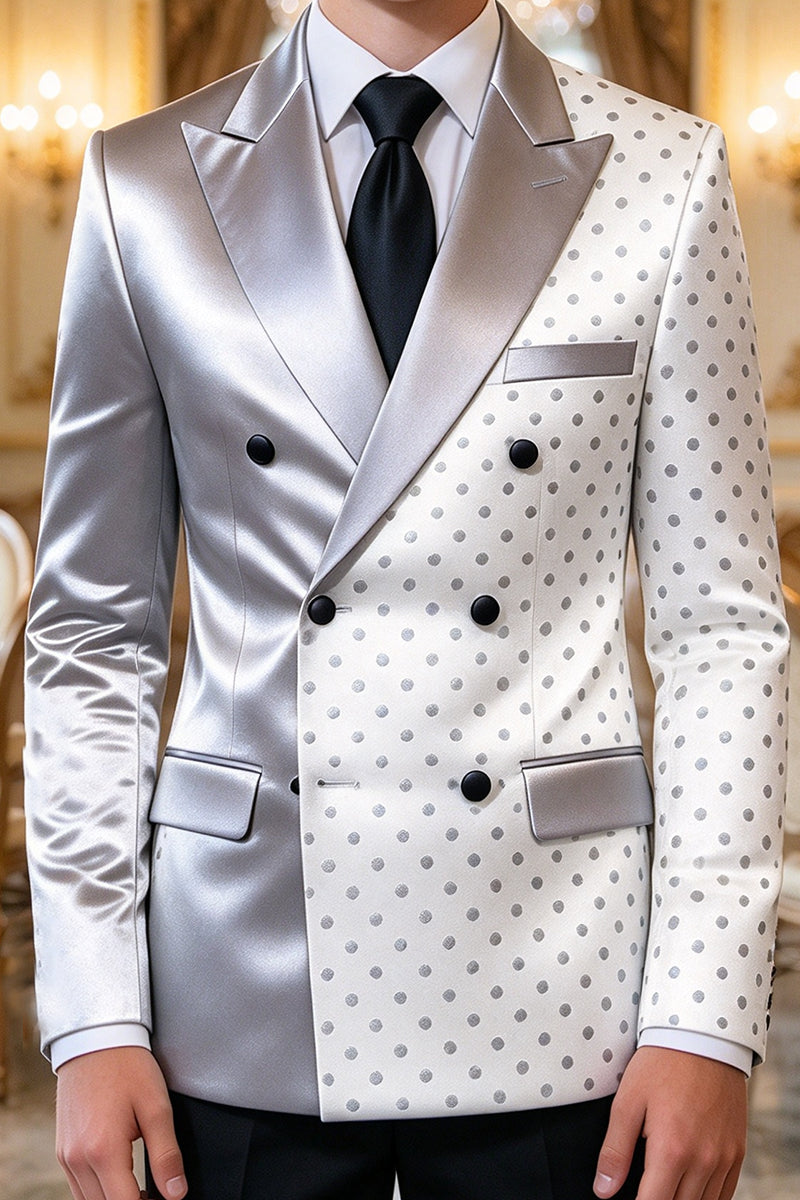 Boys White Polka Dot with Silver Satin Lapel 2-Piece Suit