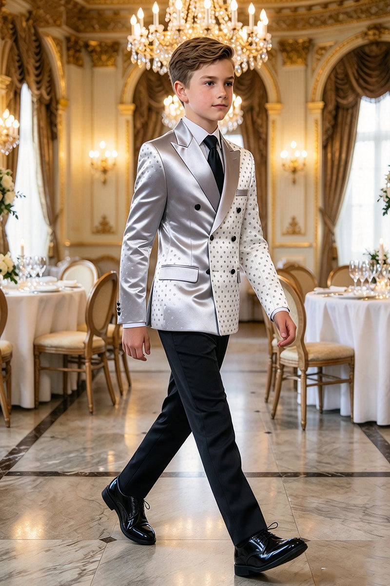 Boys White Polka Dot with Silver Satin Lapel 2-Piece Suit