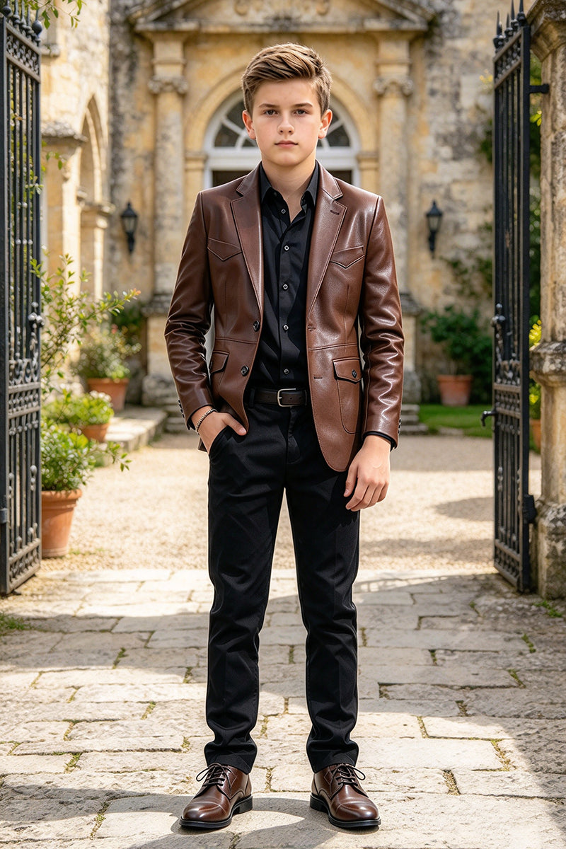 Boys Brown Faux Leather 2-Piece Suit