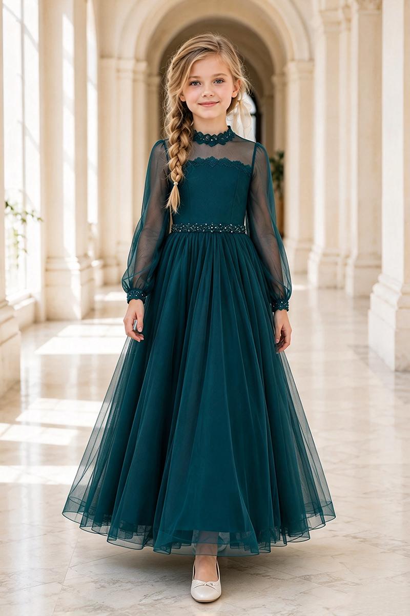 Girls Dark Green Tulle Flower Girl Dress
