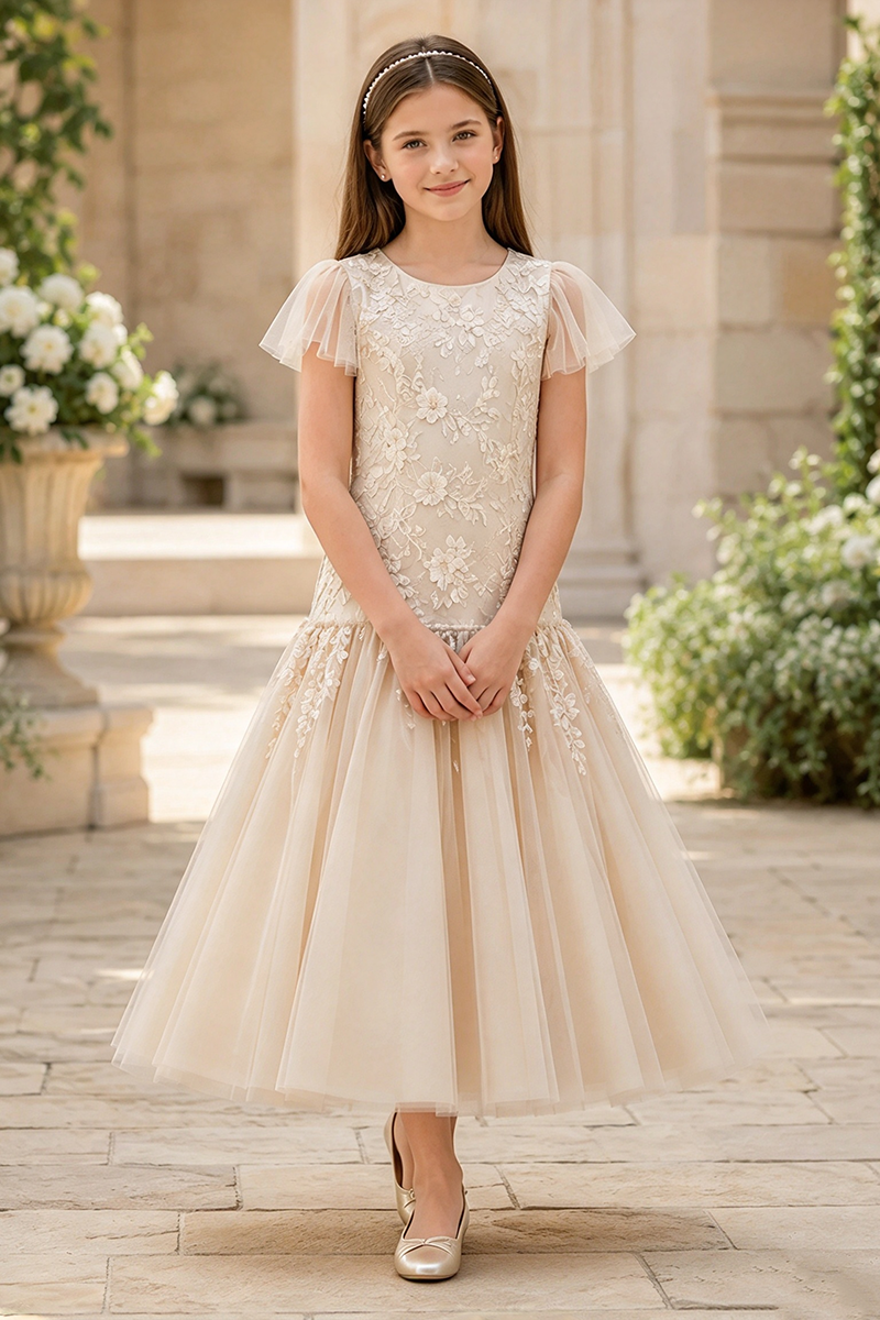 Girls Champagne Tulle Flower Girl Dress