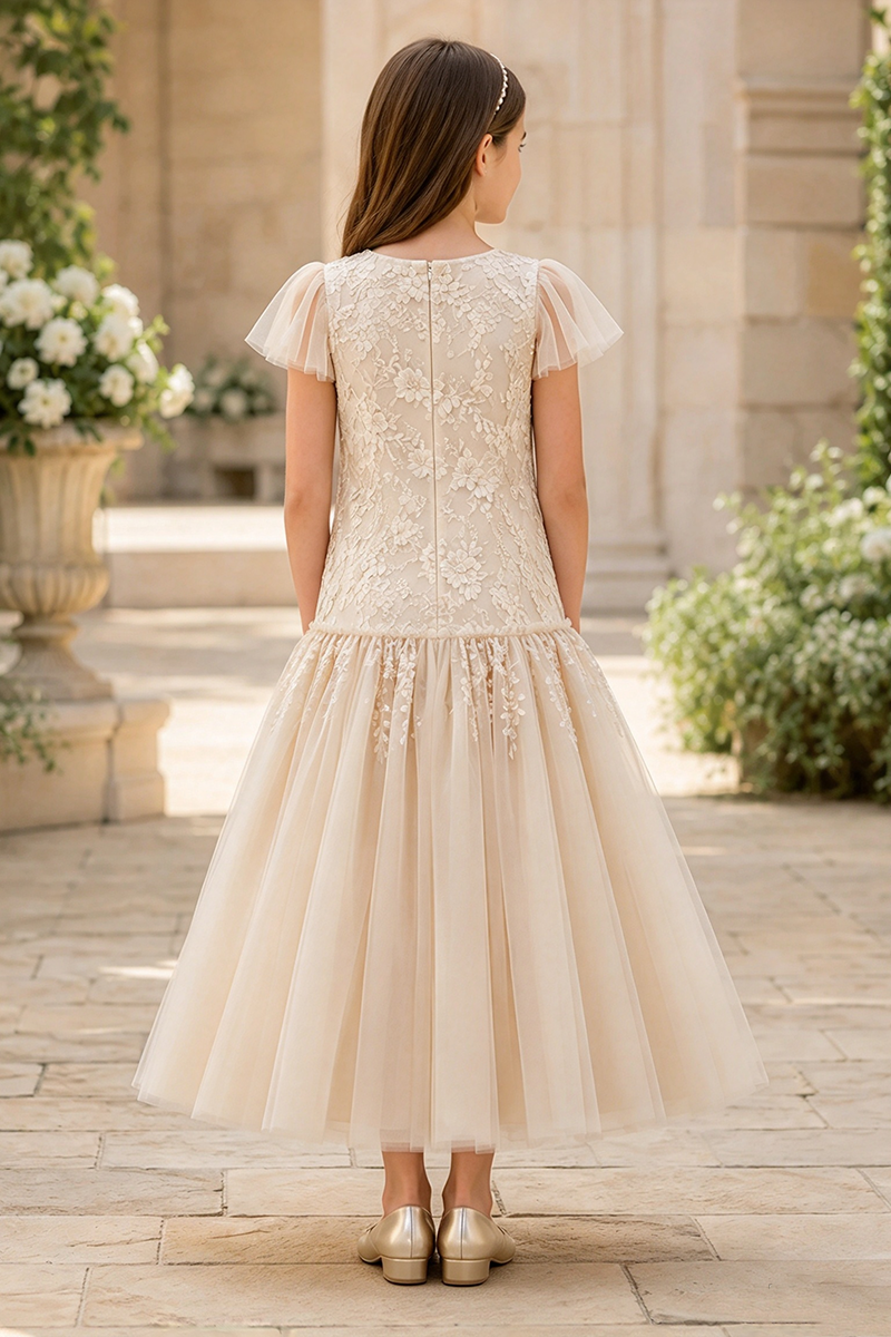 Girls Champagne Tulle Flower Girl Dress