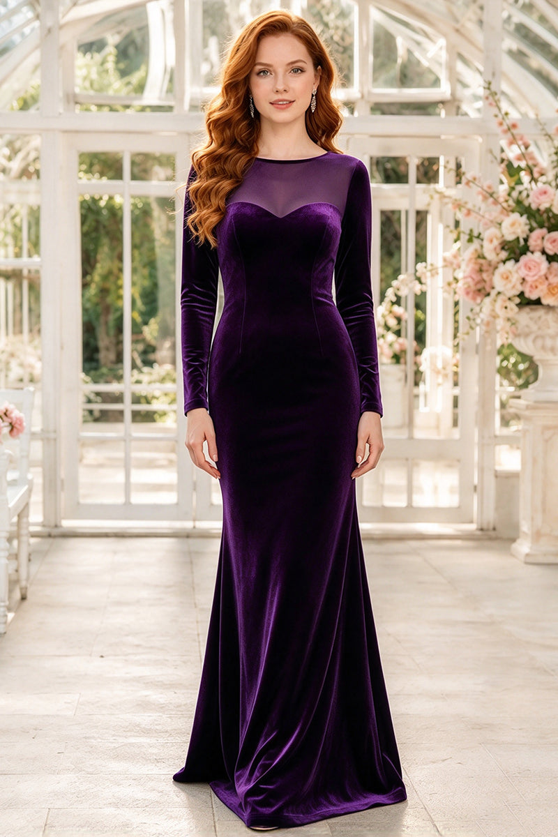 Purple Velvet Dress with Sheer Mesh Neckline