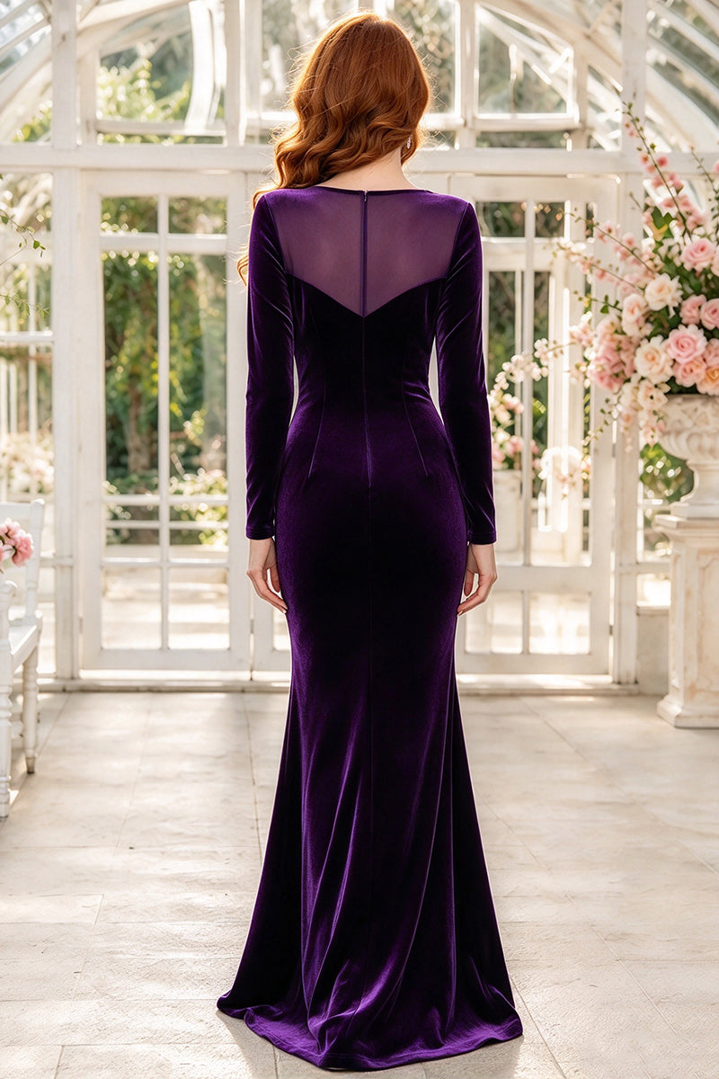 Purple Velvet Dress with Sheer Mesh Neckline