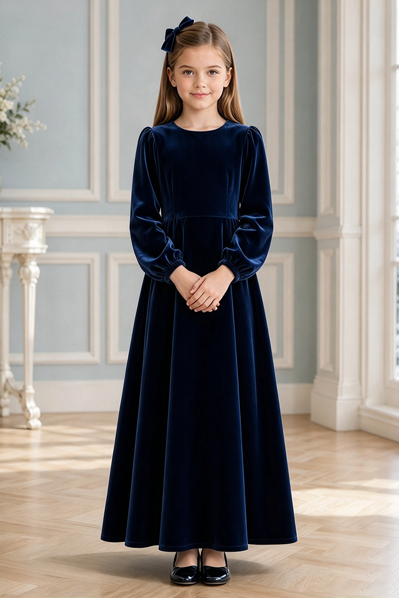 Girls Navy Velvet Flower Girl Dress