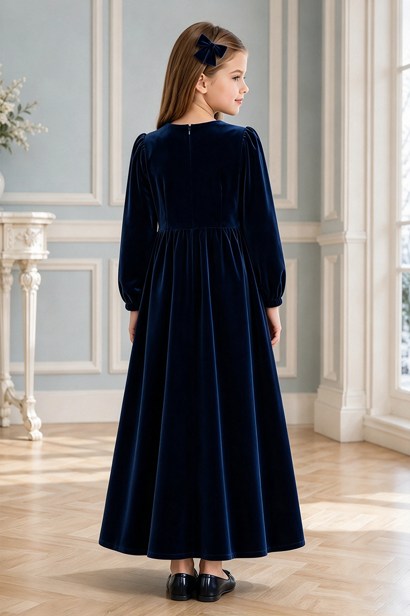 Girls Navy Velvet Flower Girl Dress