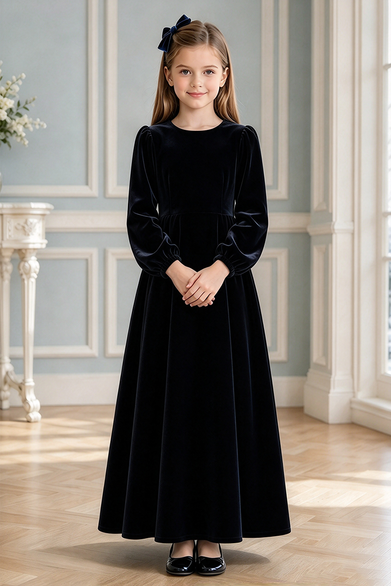 Girls Navy Velvet Flower Girl Dress