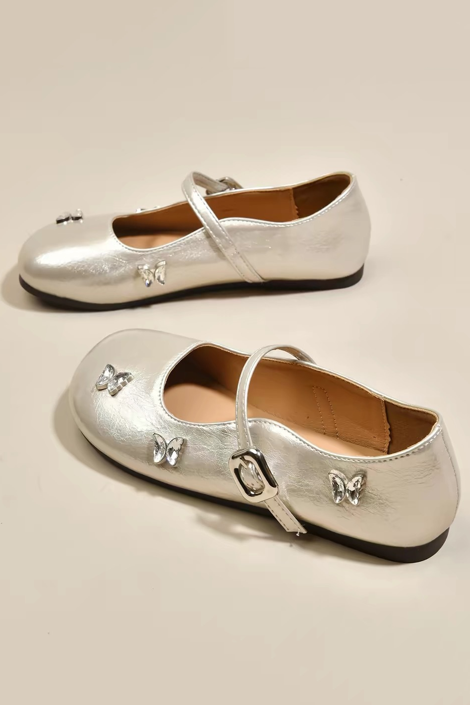 Silver Rhinestone Butterfly Decor Soft PU Leather Princess Dress Shoes