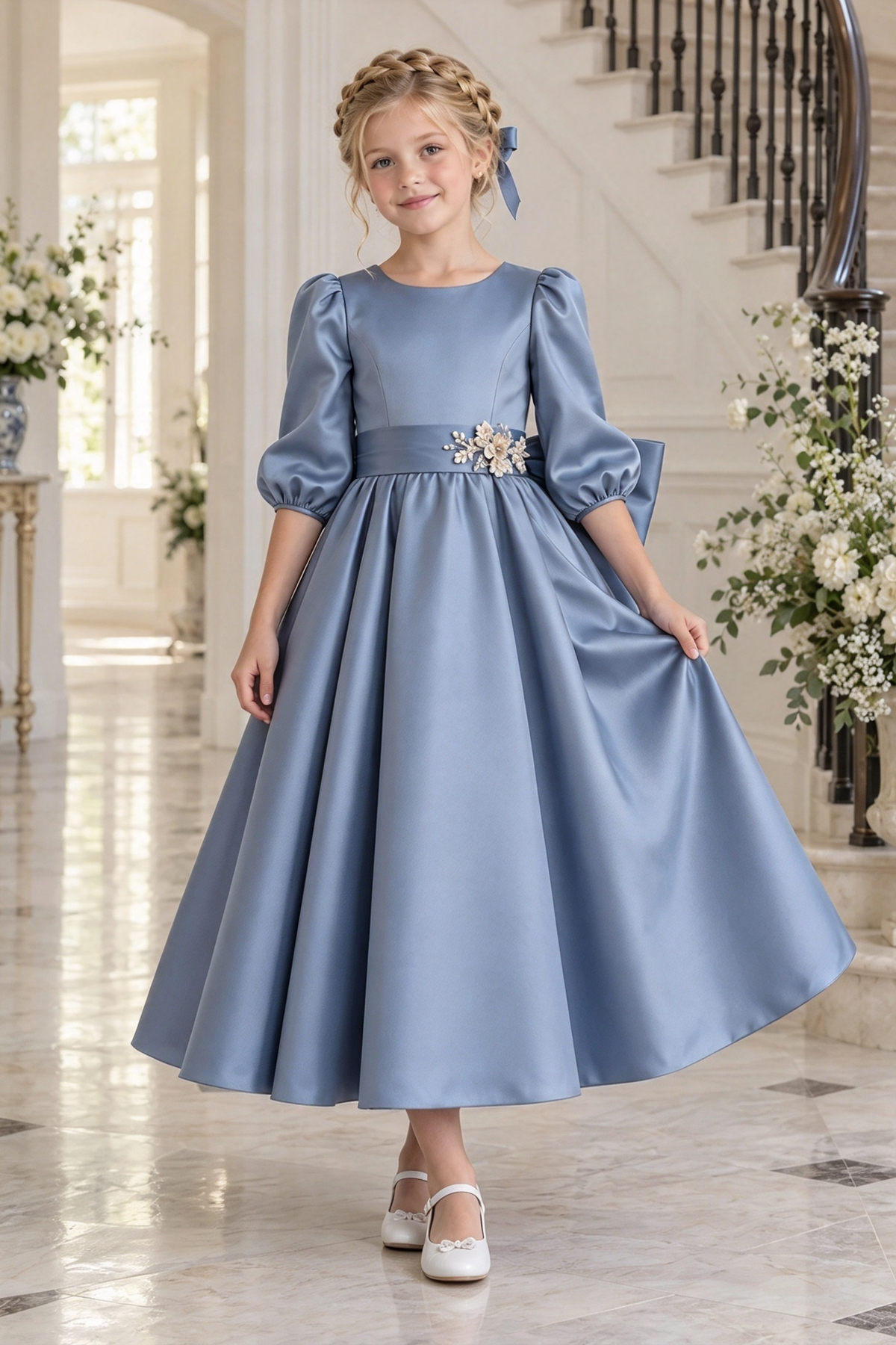 Dusty Blue Satin Big Bow Puff Sleeve A-Line Dress