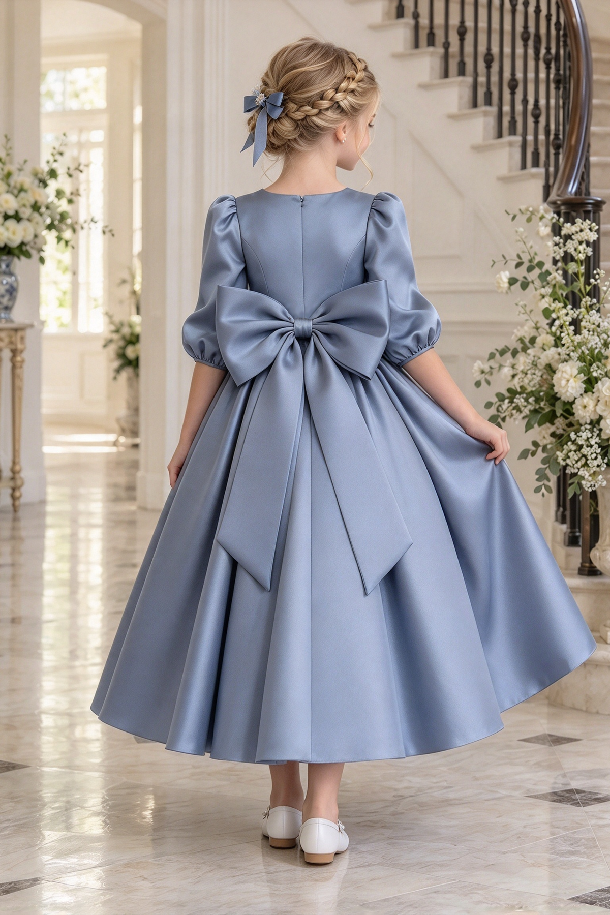 Dusty Blue Satin Big Bow Puff Sleeve A-Line Dress