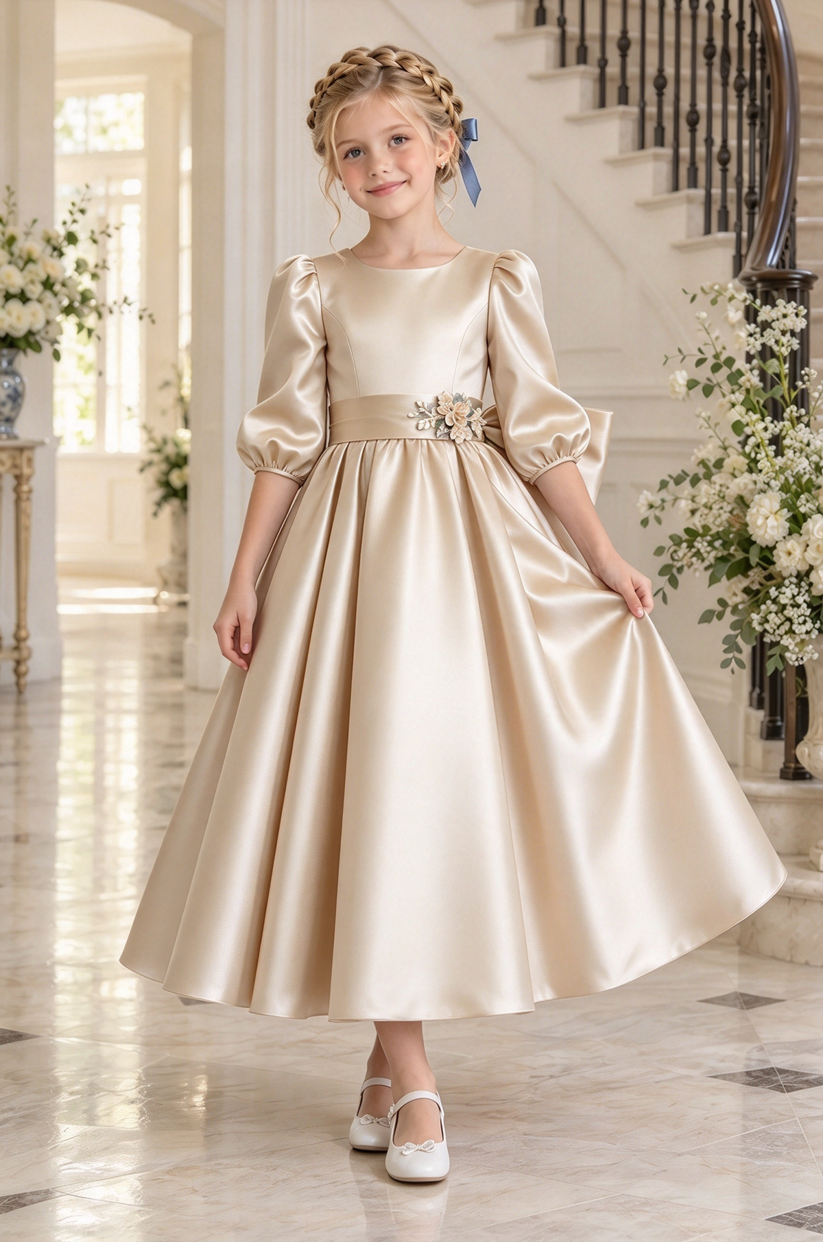 Dusty Blue Satin Big Bow Puff Sleeve A-Line Dress